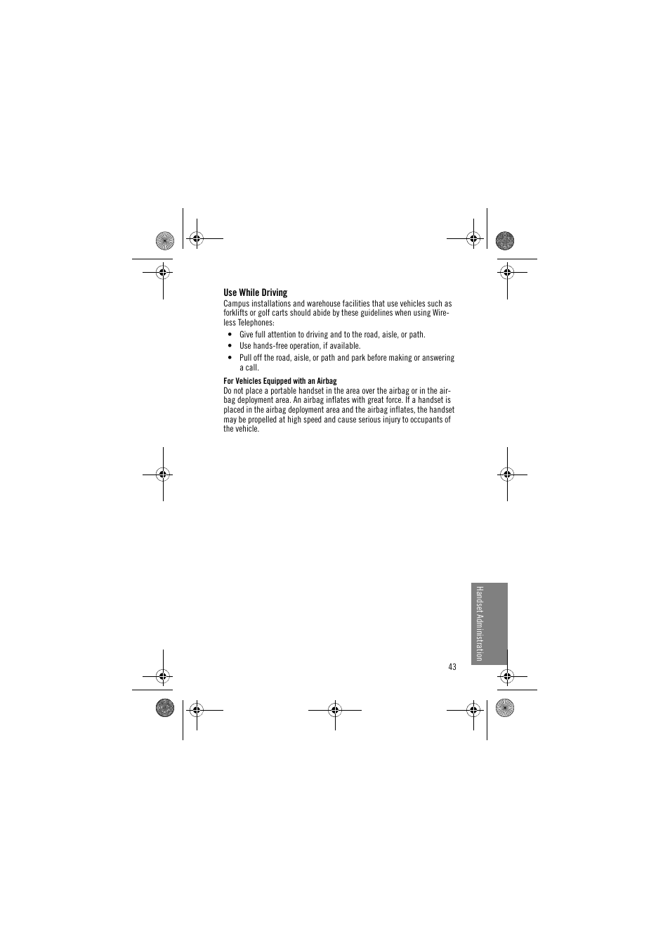 Use while driving, For vehicles equipped with an airbag | Avaya 3641 User Manual | Page 43 / 48