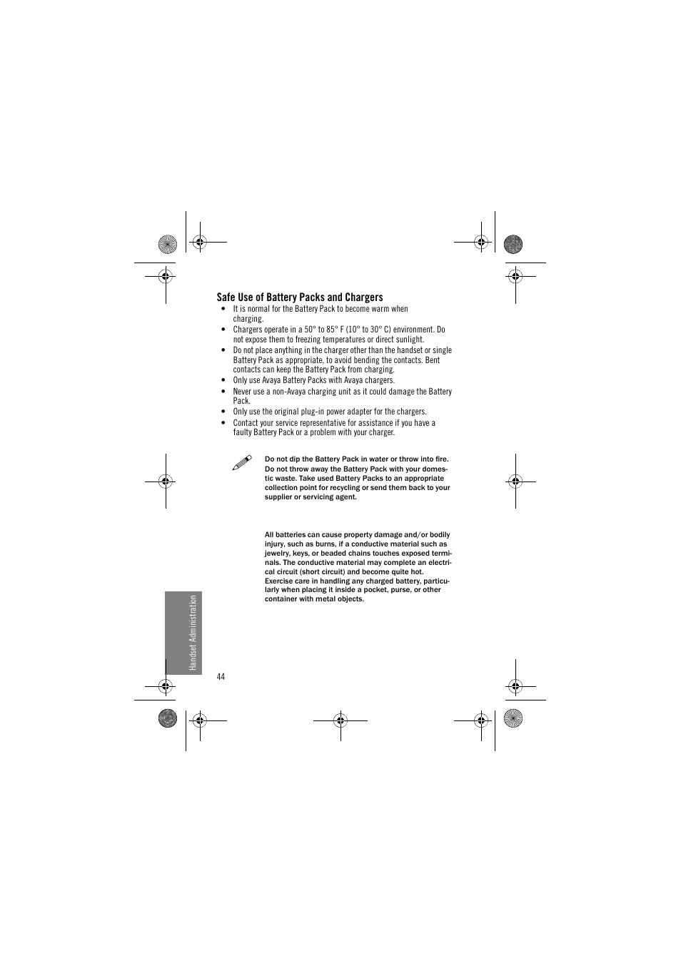 Safe use of battery packs and chargers | Avaya 3641 User Manual | Page 44 / 48