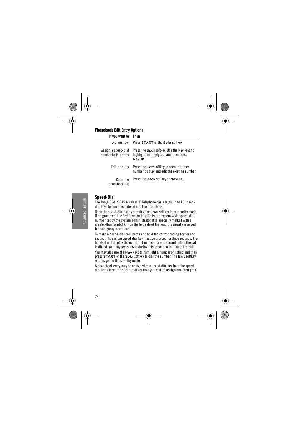 Phonebook edit entry options, Speed-dial | Avaya 3645 User Manual | Page 22 / 48