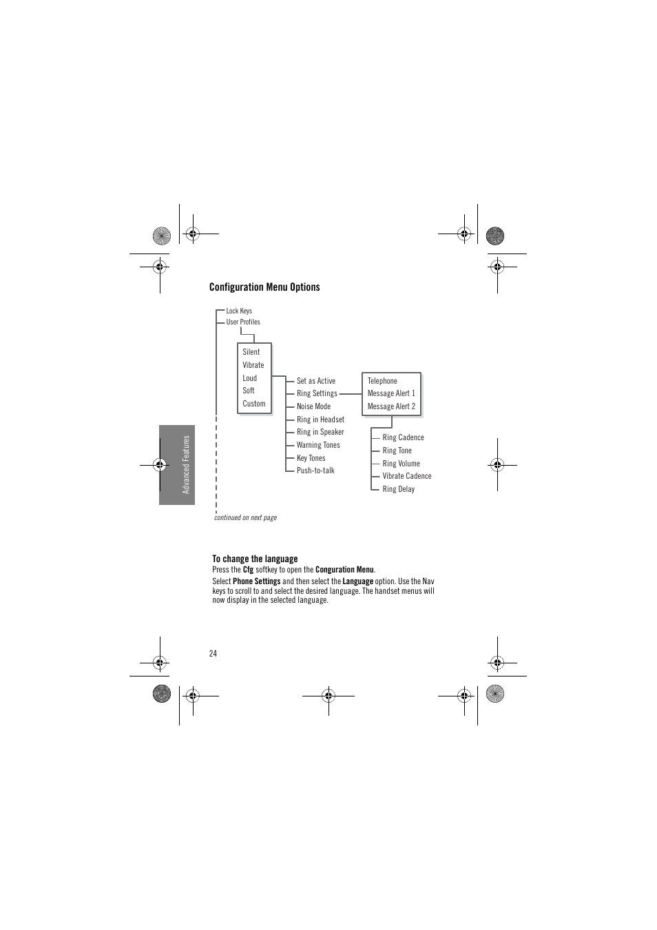 To change the language, Configuration menu options, Config menu options | Avaya 3645 User Manual | Page 24 / 48