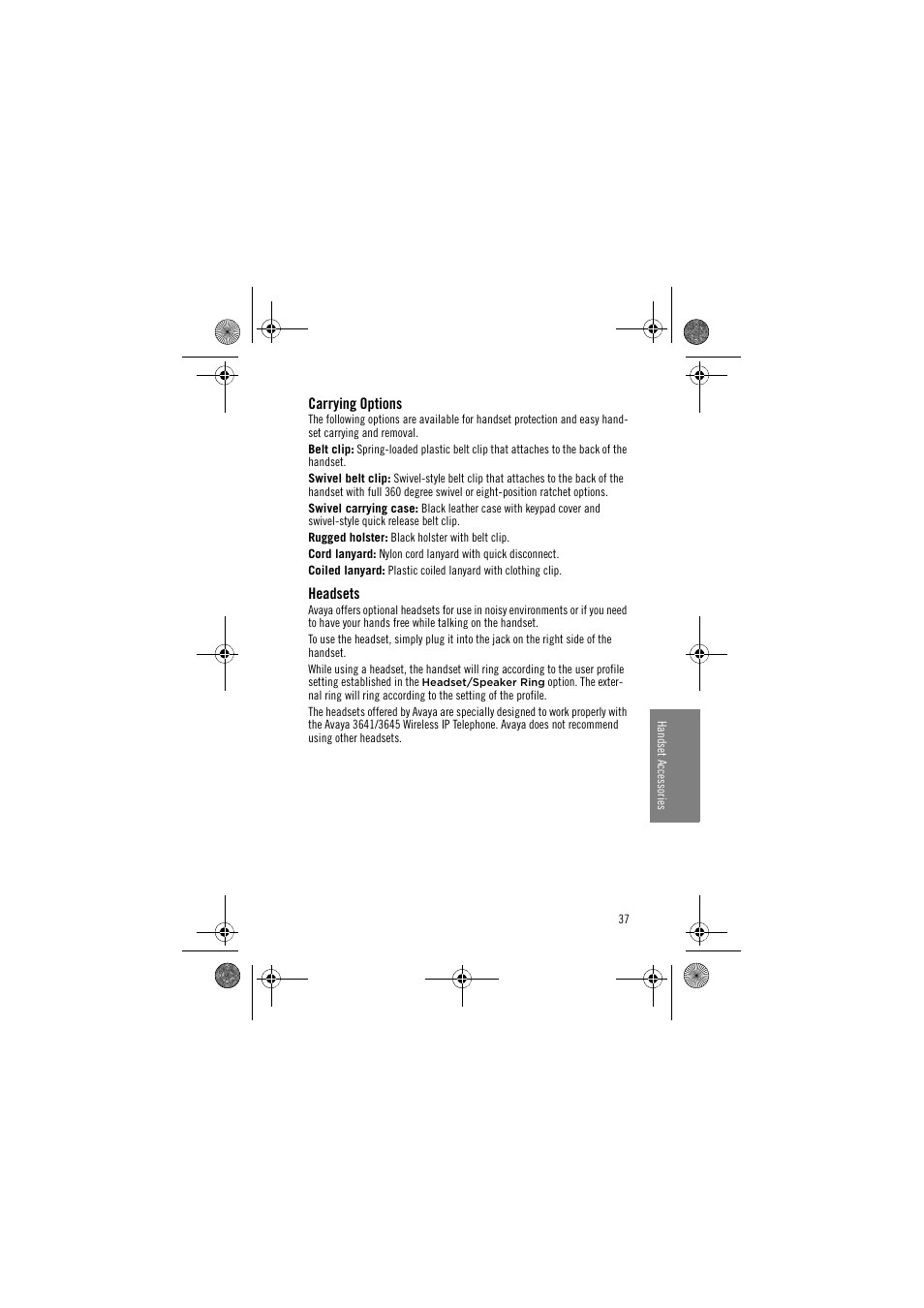 Carrying options, Headsets, Carrying options headsets | Avaya 3645 User Manual | Page 37 / 48