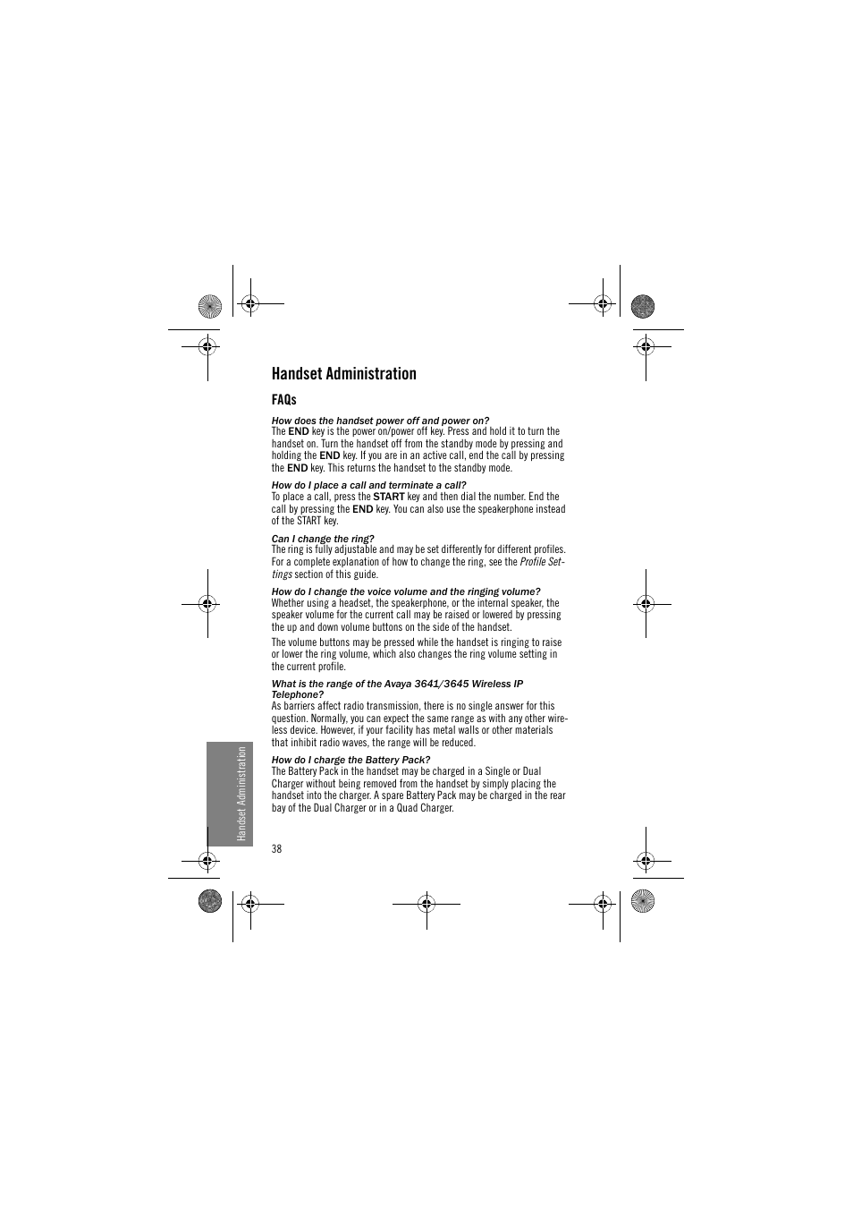 Handset administration, Faqs | Avaya 3645 User Manual | Page 38 / 48