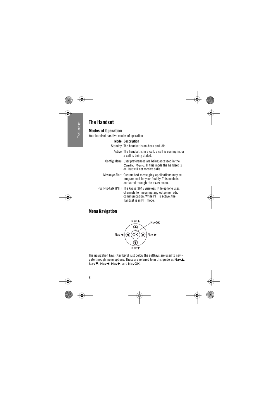 The handset, Modes of operation, Menu navigation | Modes of operation menu navigation | Avaya 3645 User Manual | Page 8 / 48