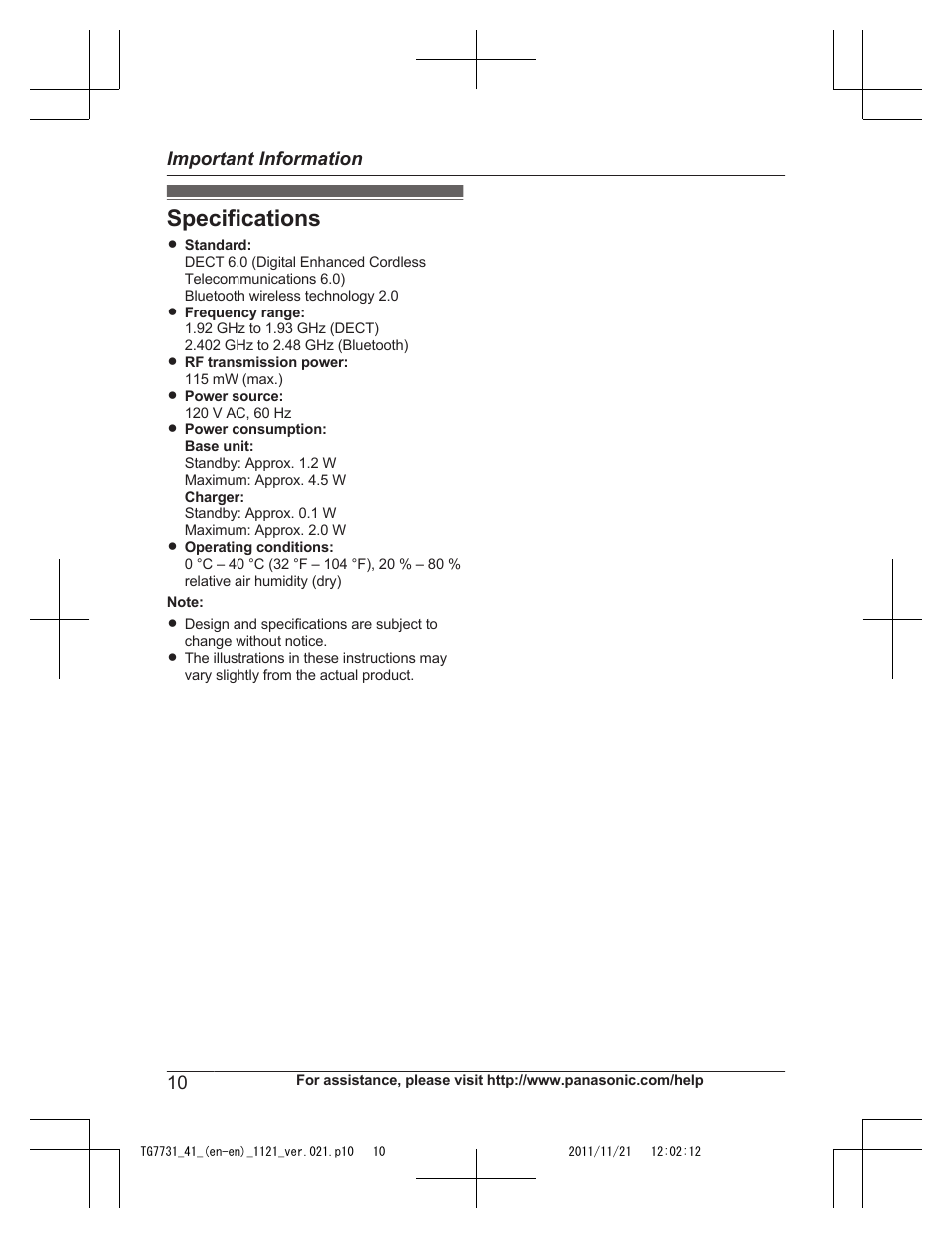 Specifications | Panasonic KXTG7742 User Manual | Page 10 / 88