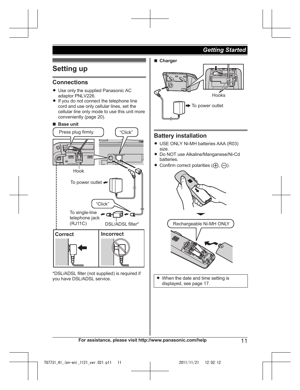 Getting started, Setting up | Panasonic KXTG7742 User Manual | Page 11 / 88