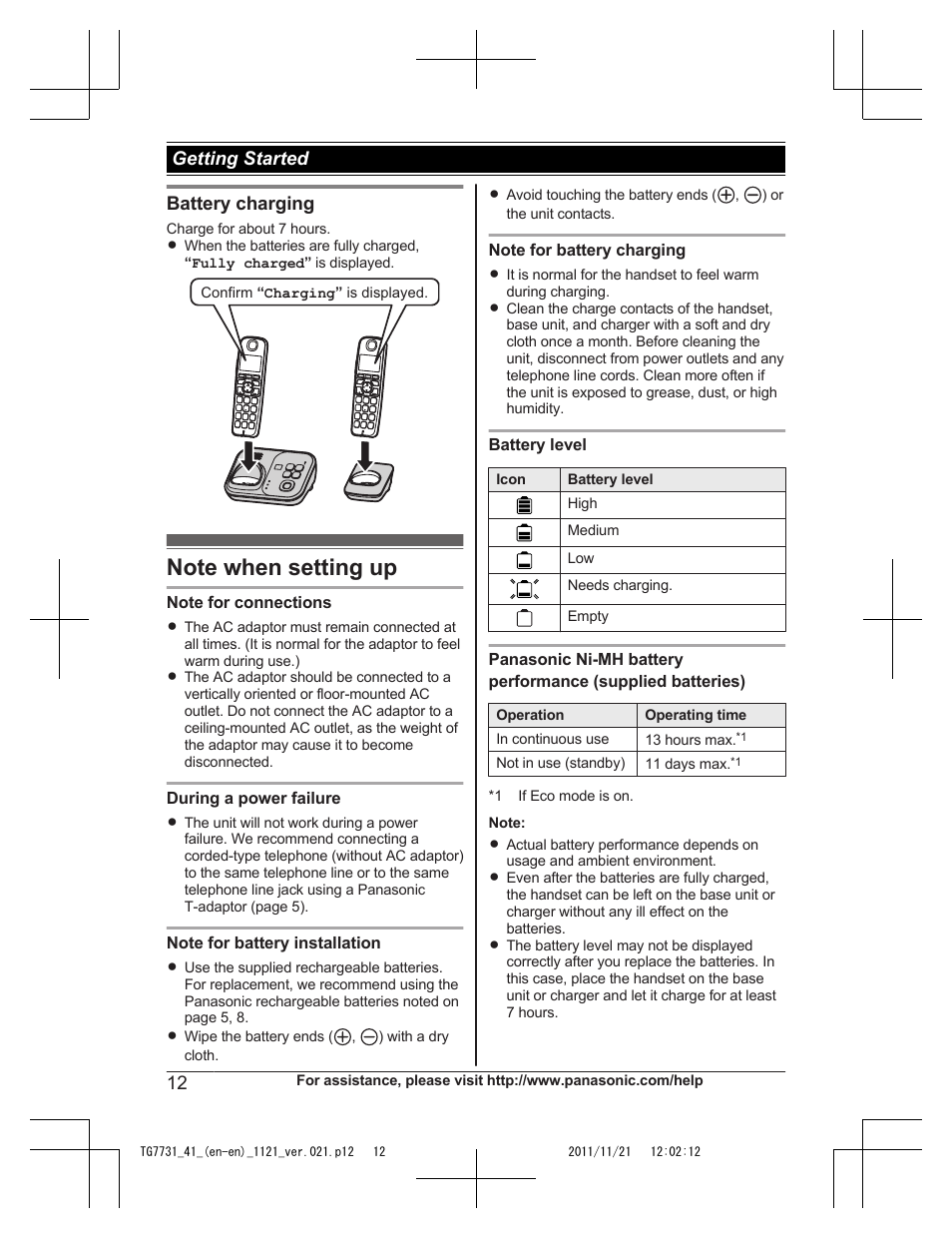 Note when setting up, Battery charging, Getting started | Panasonic KXTG7742 User Manual | Page 12 / 88