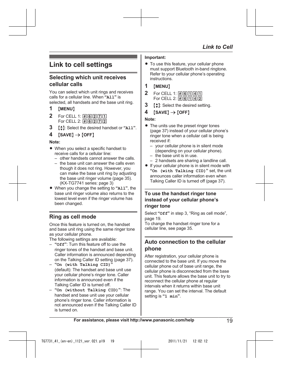 Link to cell settings, Selecting which unit receives cellular calls | Panasonic KXTG7742 User Manual | Page 19 / 88