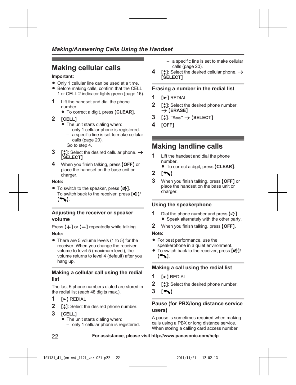 Making/answering calls using the handset, Making cellular calls, Making landline calls | Making cellular calls making landline calls | Panasonic KXTG7742 User Manual | Page 22 / 88