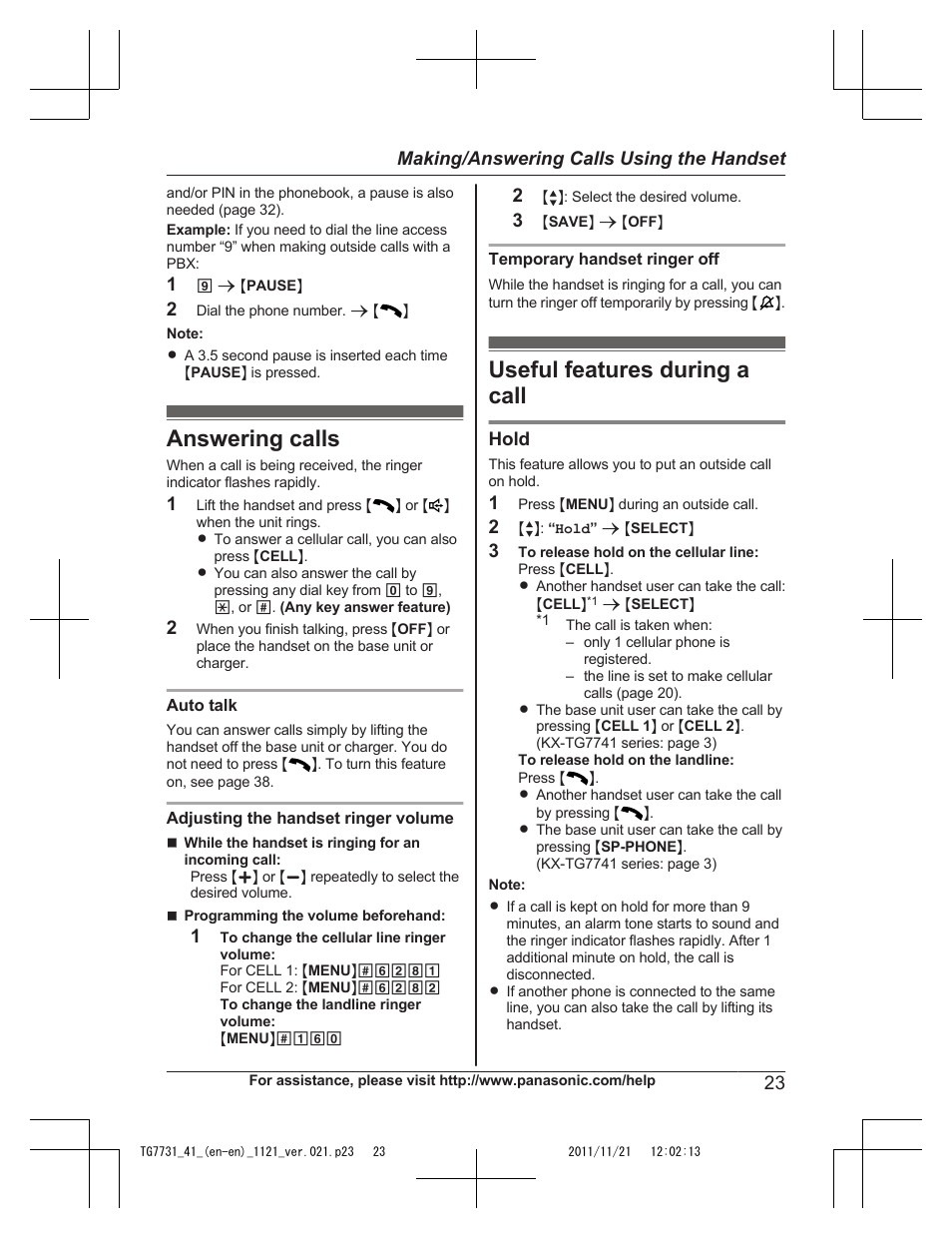 Answering calls, Useful features during a call, Answering calls useful features during a call | Panasonic KXTG7742 User Manual | Page 23 / 88