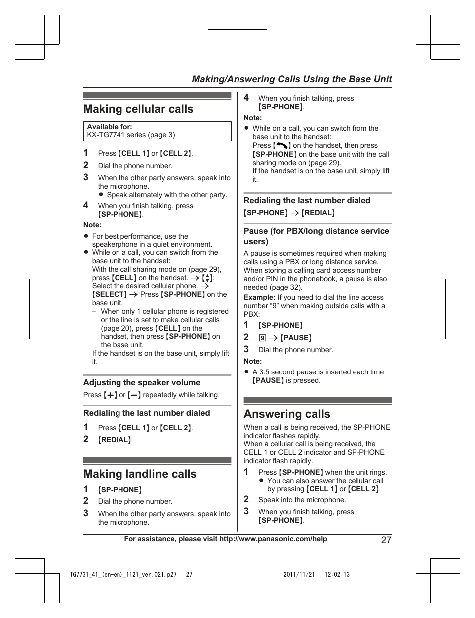 Making/answering calls using the base unit, Making cellular calls, Making landline calls | Answering calls | Panasonic KXTG7742 User Manual | Page 27 / 88