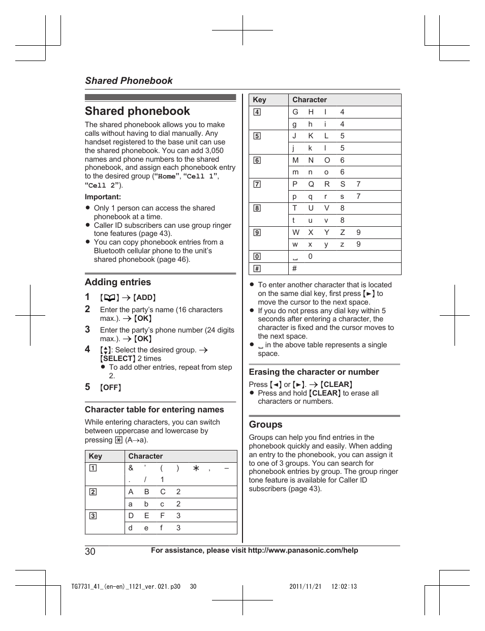 Shared phonebook, Adding entries 1, Groups | Panasonic KXTG7742 User Manual | Page 30 / 88