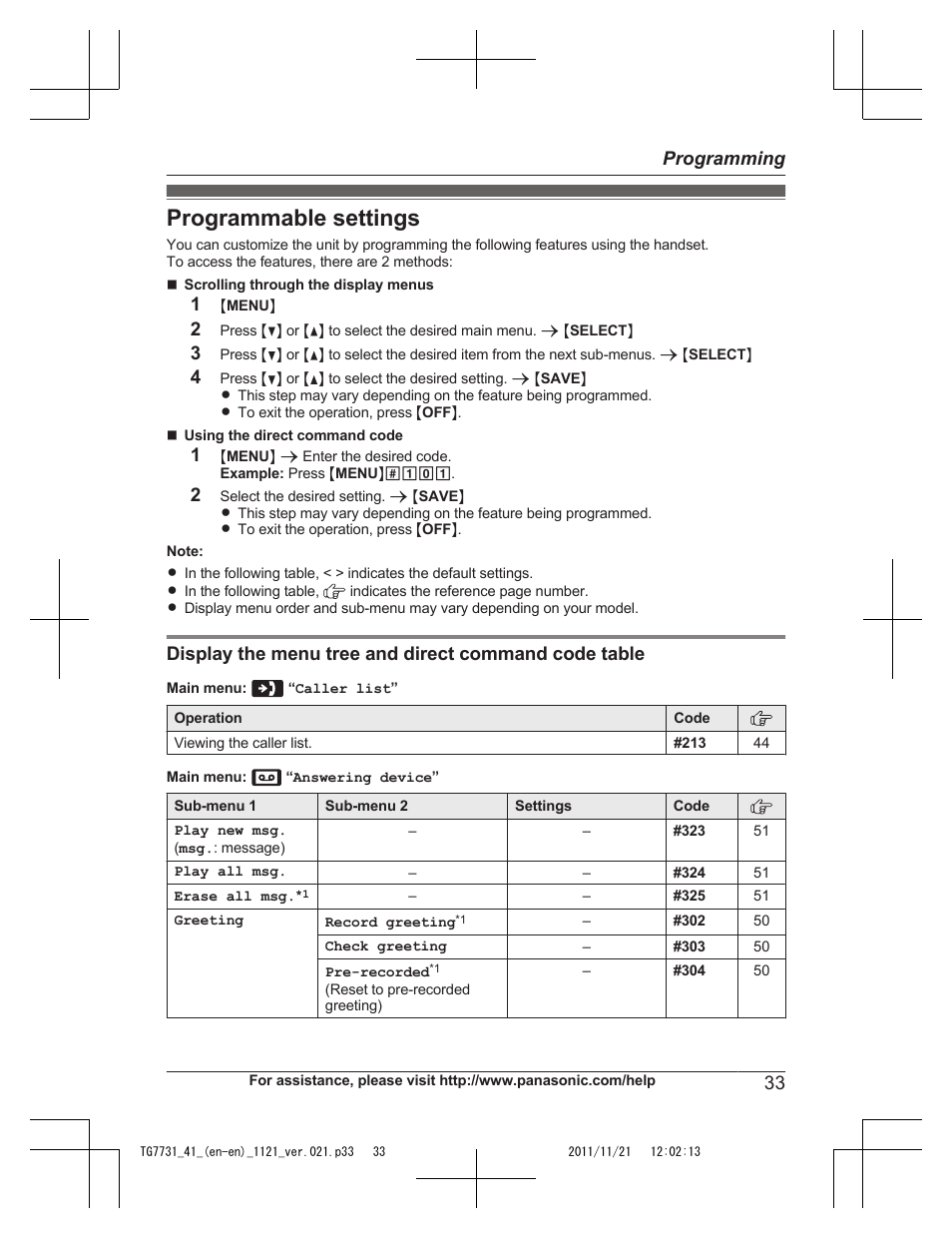 Programming, Programmable settings, 33 programming | Panasonic KXTG7742 User Manual | Page 33 / 88