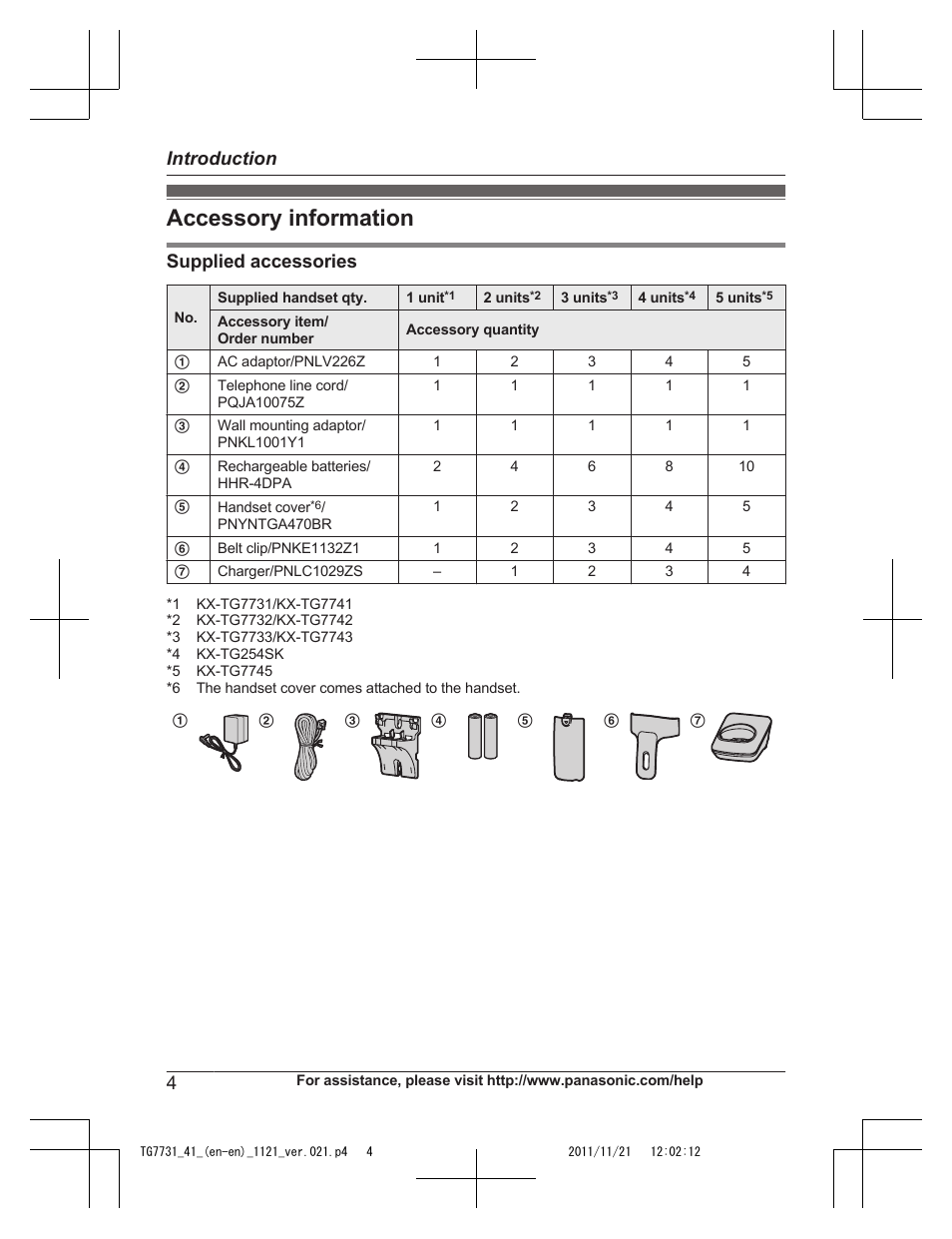 Accessory information, Supplied accessories, Introduction | Panasonic KXTG7742 User Manual | Page 4 / 88