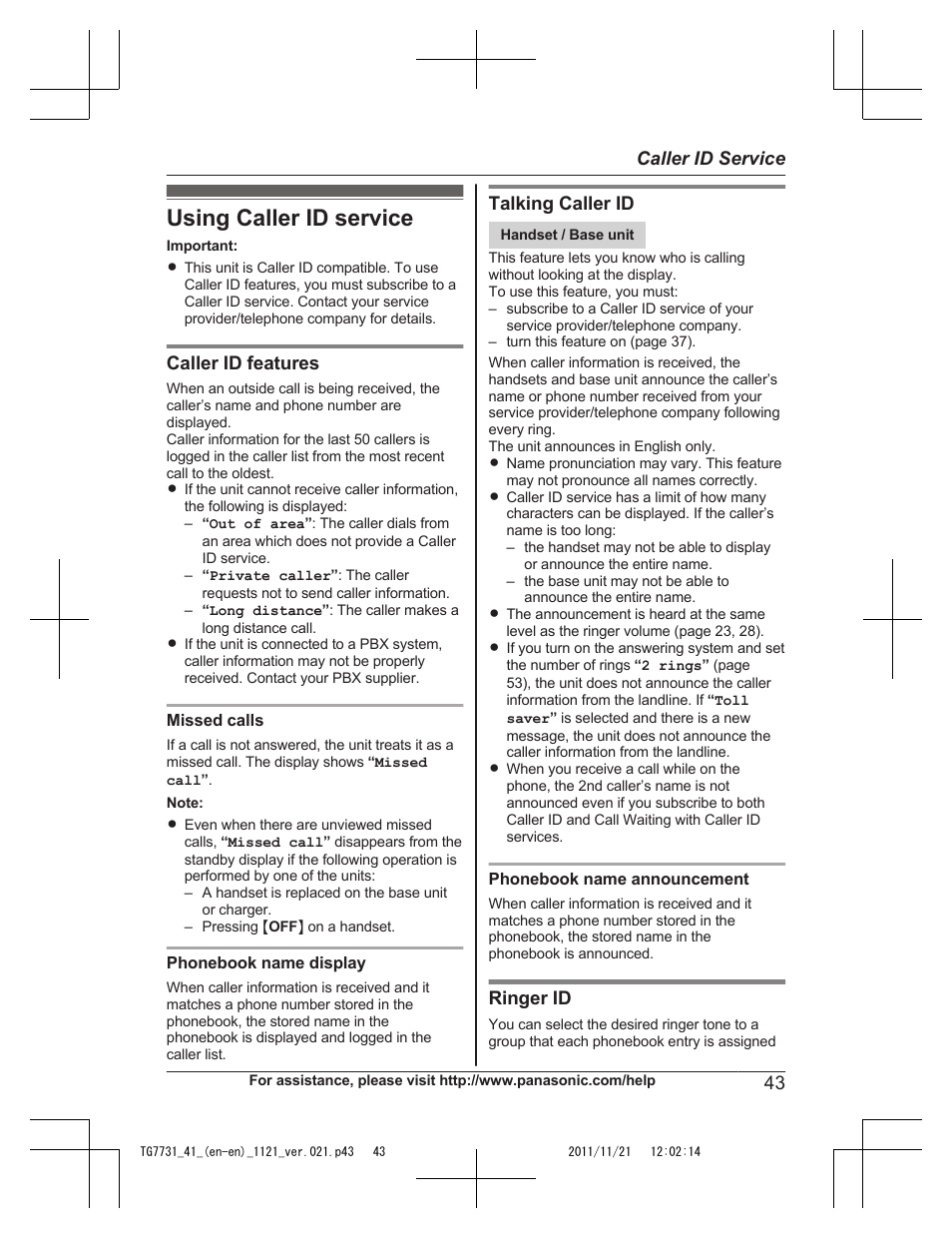 Caller id service, Using caller id service | Panasonic KXTG7742 User Manual | Page 43 / 88