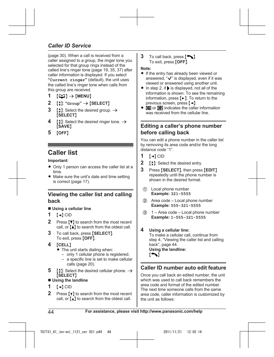 Caller list | Panasonic KXTG7742 User Manual | Page 44 / 88