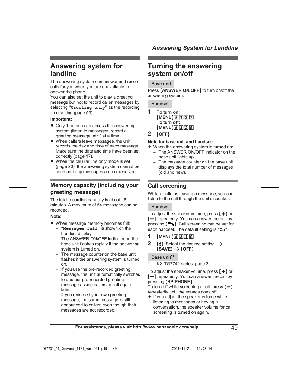 Answering system for landline, Turning the answering system on/off | Panasonic KXTG7742 User Manual | Page 49 / 88