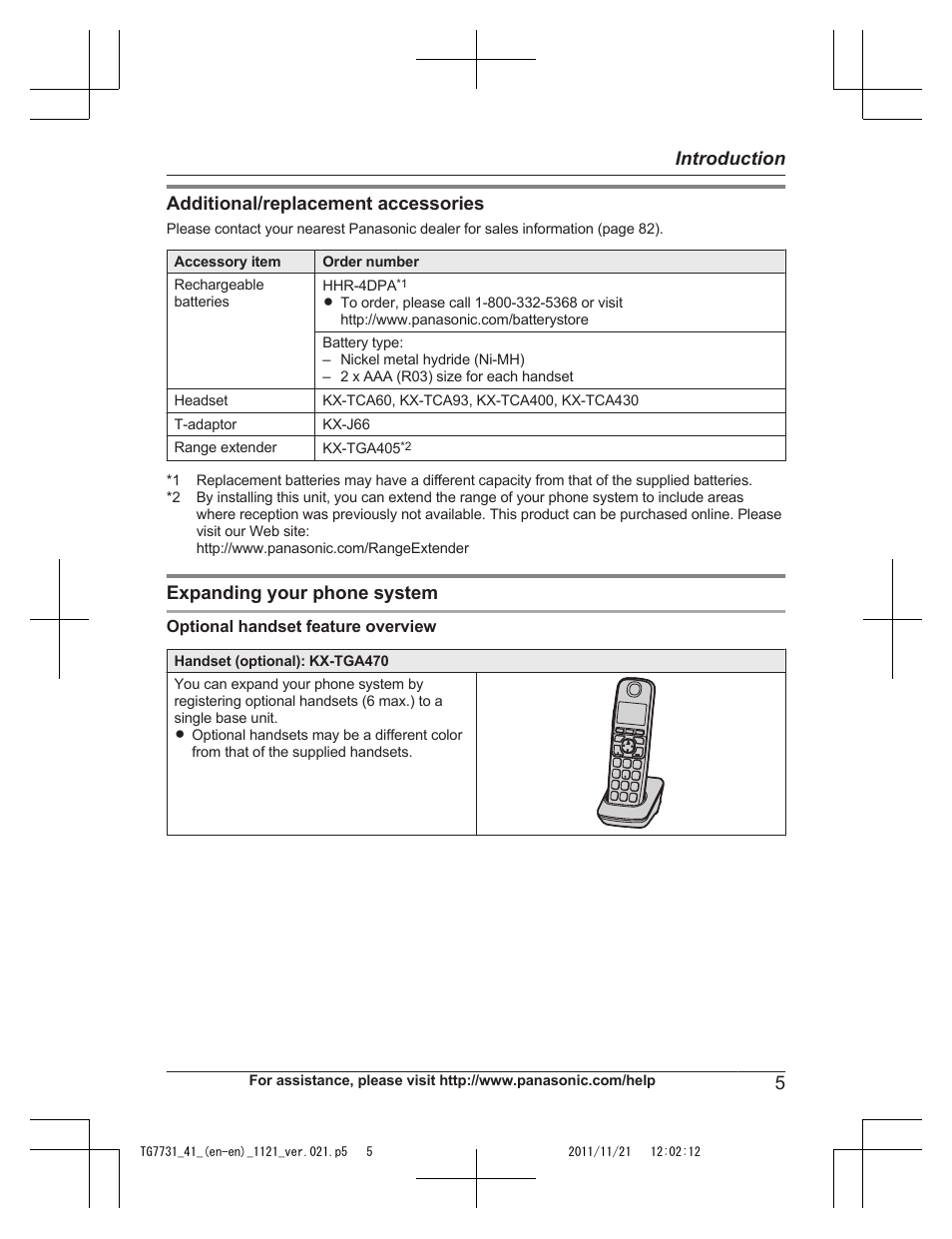 Additional/replacement accessories, Expanding your phone system, 5introduction | Panasonic KXTG7742 User Manual | Page 5 / 88