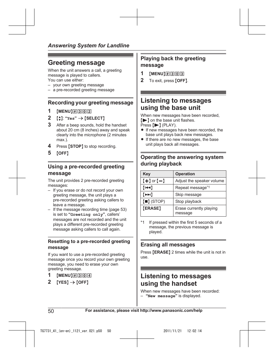 Greeting message, Listening to messages using the base unit, Listening to messages using the handset | Panasonic KXTG7742 User Manual | Page 50 / 88