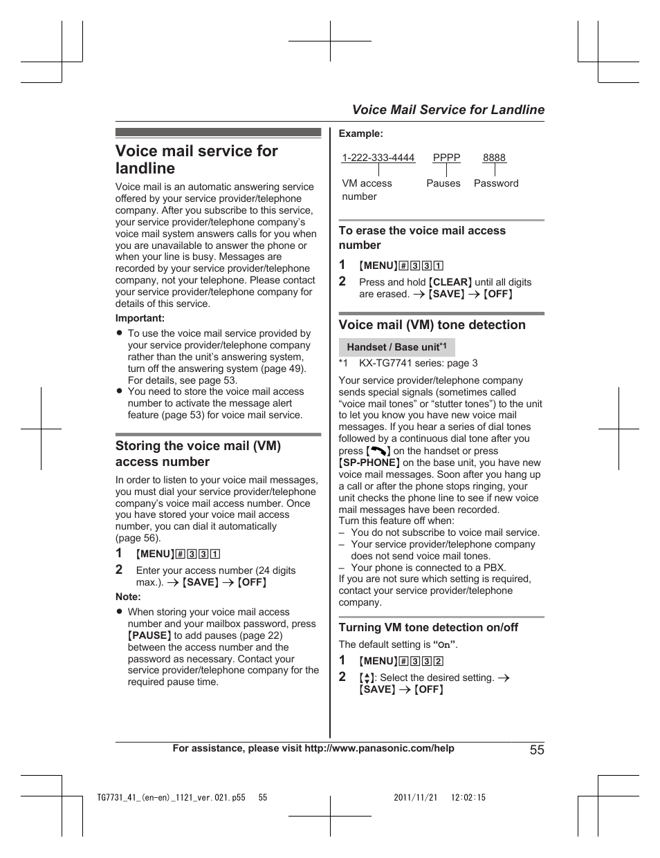 Voice mail service for landline | Panasonic KXTG7742 User Manual | Page 55 / 88