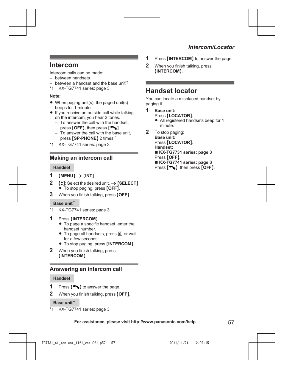 Intercom/locator, Intercom, Handset locator | Intercom handset locator | Panasonic KXTG7742 User Manual | Page 57 / 88