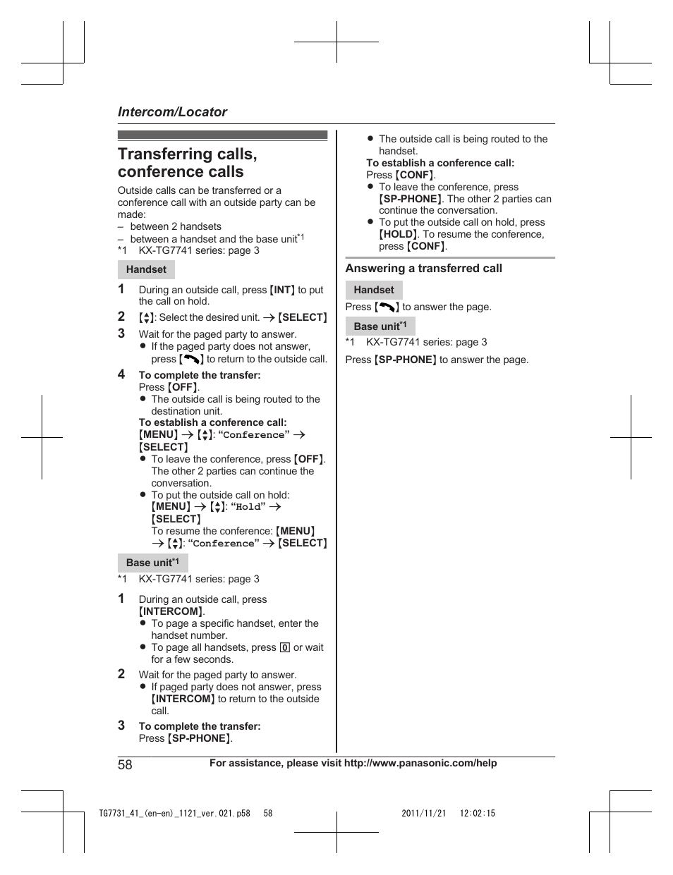 Transferring calls, conference calls | Panasonic KXTG7742 User Manual | Page 58 / 88