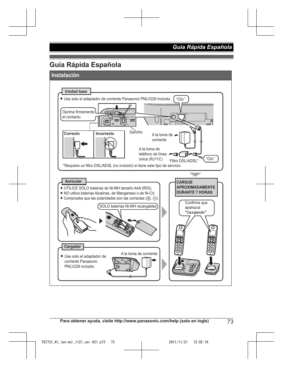 Guía rápida española, Instalación, 73 guía rápida española | Panasonic KXTG7742 User Manual | Page 73 / 88