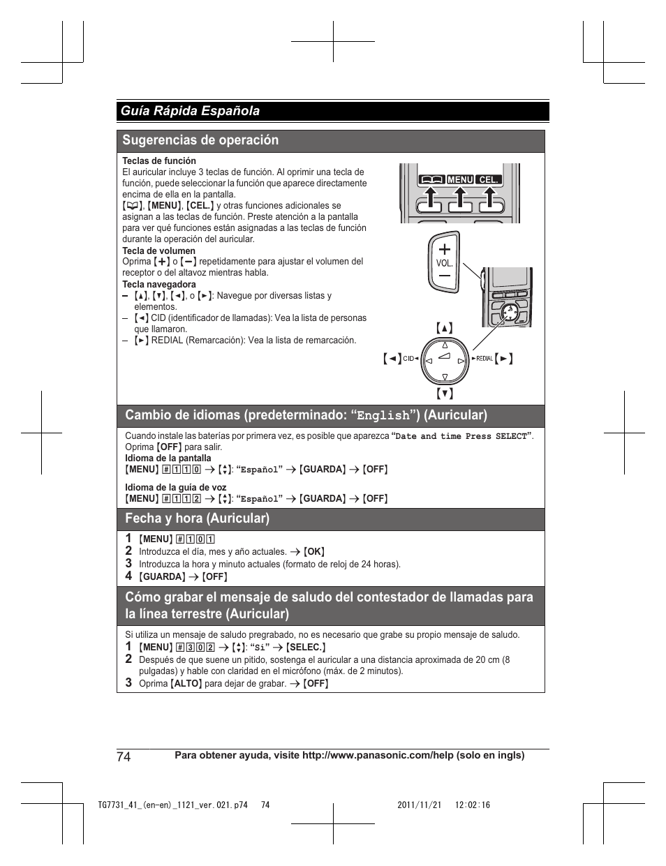 Sugerencias de operación, Fecha y hora (auricular), Guía rápida española | Panasonic KXTG7742 User Manual | Page 74 / 88