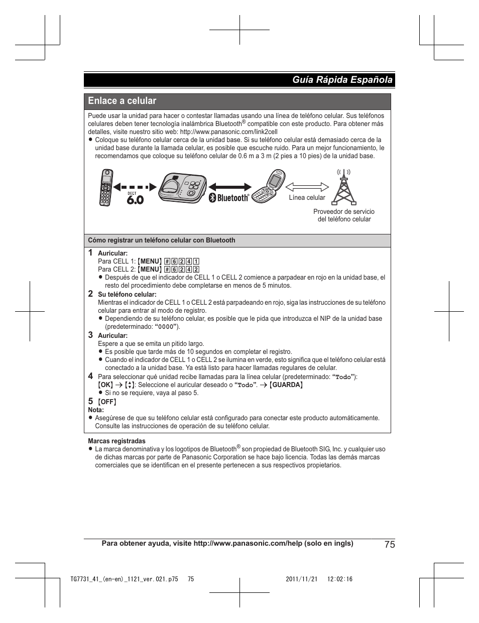Enlace a celular, 75 guía rápida española | Panasonic KXTG7742 User Manual | Page 75 / 88