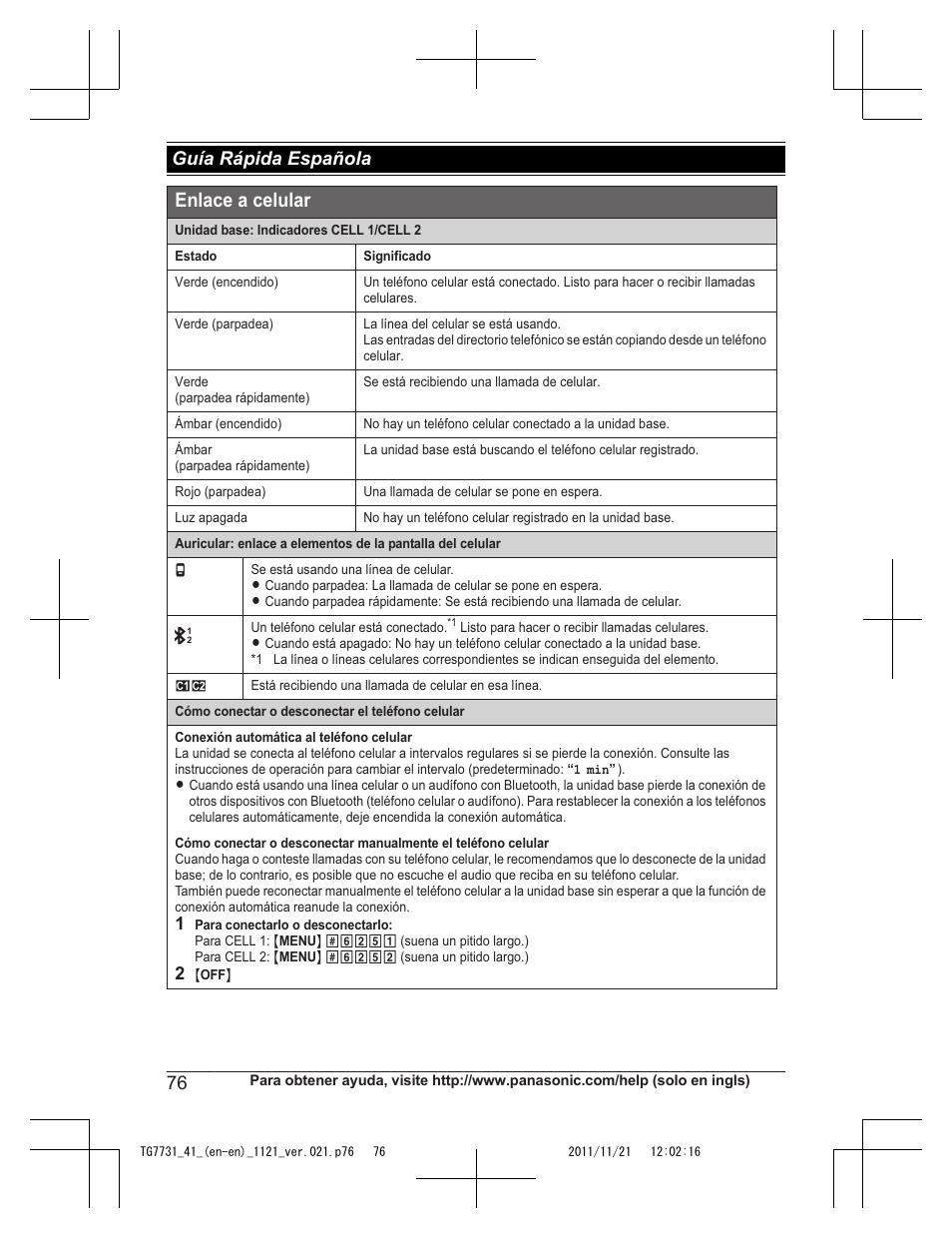 Enlace a celular, Guía rápida española | Panasonic KXTG7742 User Manual | Page 76 / 88