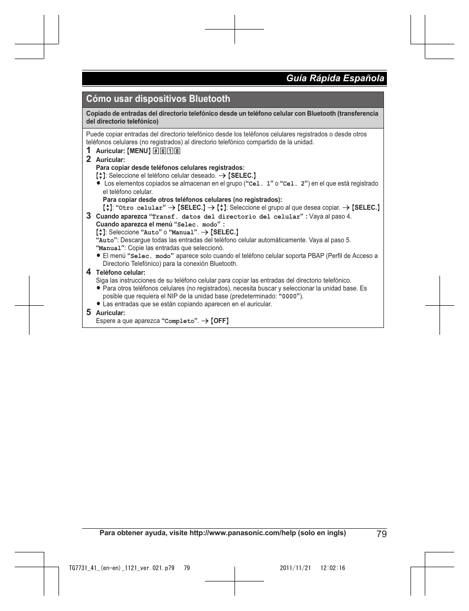 Cómo usar dispositivos bluetooth, 79 guía rápida española | Panasonic KXTG7742 User Manual | Page 79 / 88