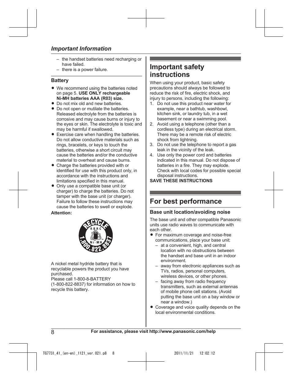 Important safety instructions, For best performance, Important safety instructions for best performance | Panasonic KXTG7742 User Manual | Page 8 / 88