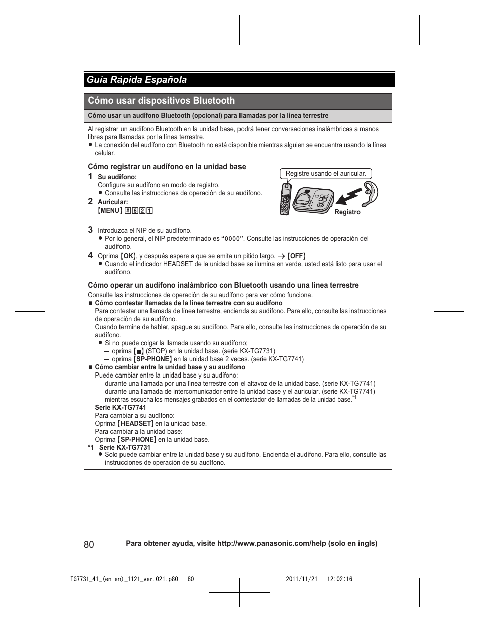 Cómo usar dispositivos bluetooth, Guía rápida española | Panasonic KXTG7742 User Manual | Page 80 / 88