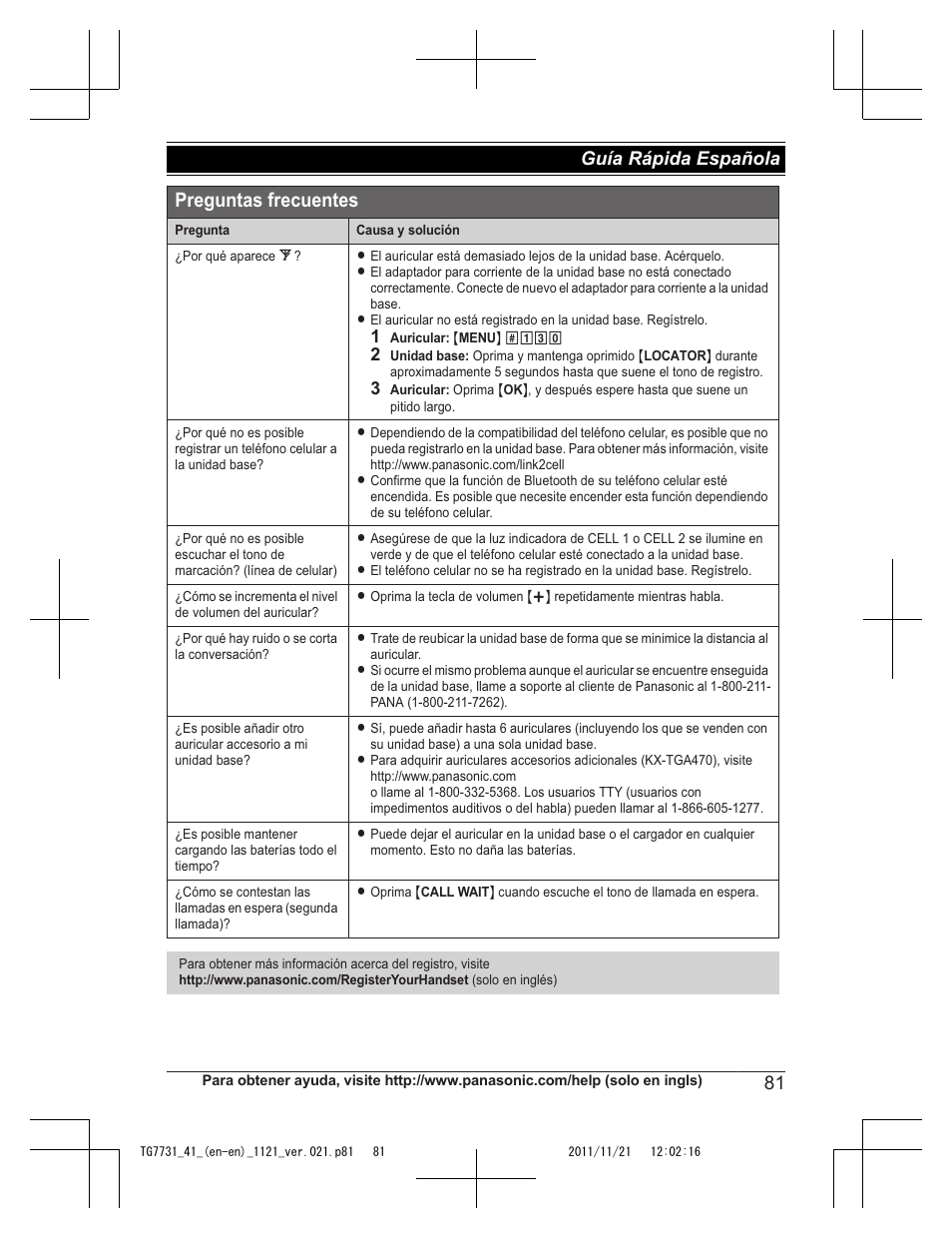 Preguntas frecuentes, 81 guía rápida española | Panasonic KXTG7742 User Manual | Page 81 / 88