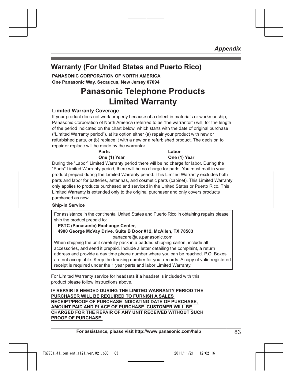 Warranty (for united states and puerto rico), Panasonic telephone products limited warranty | Panasonic KXTG7742 User Manual | Page 83 / 88