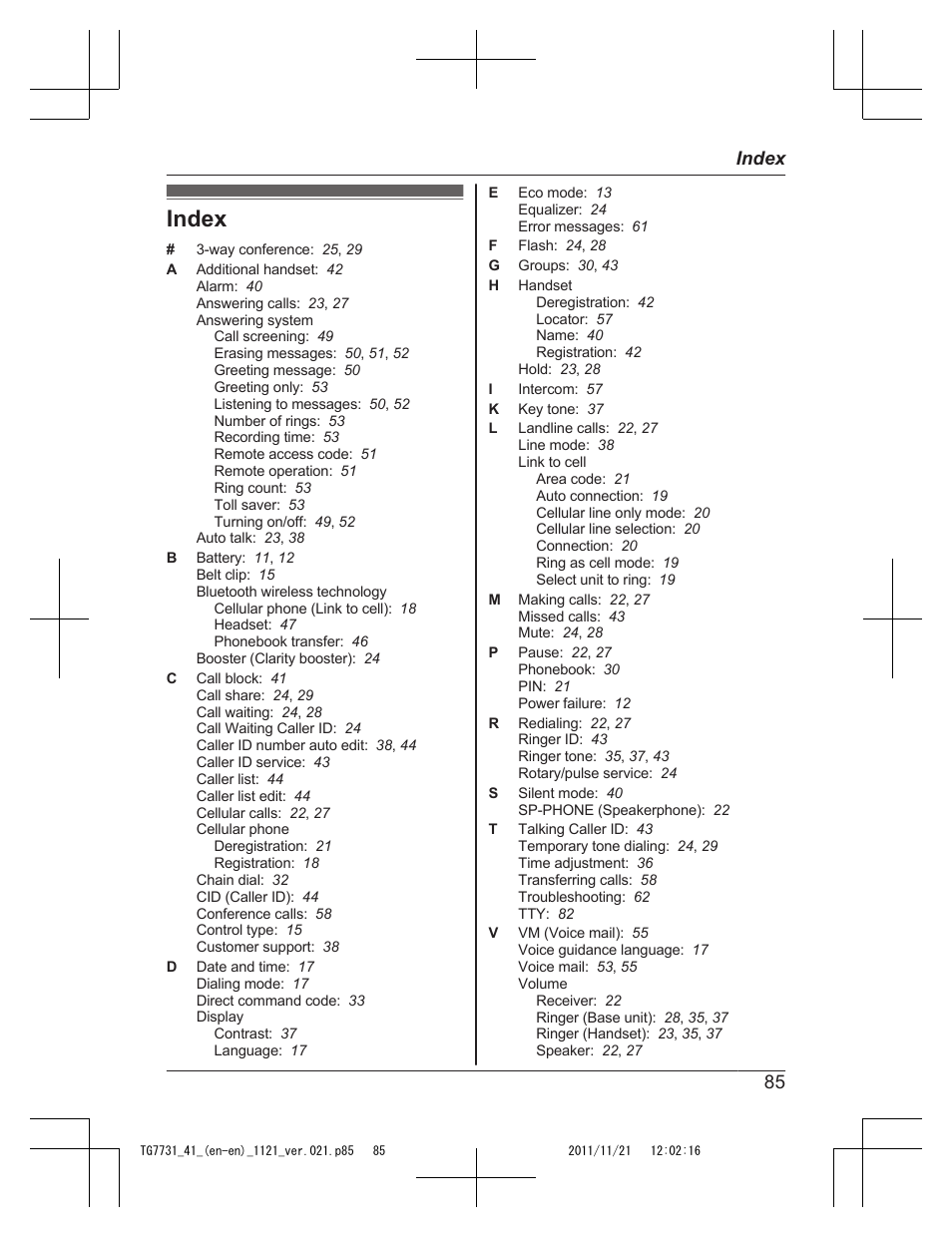 Index, 85 index | Panasonic KXTG7742 User Manual | Page 85 / 88