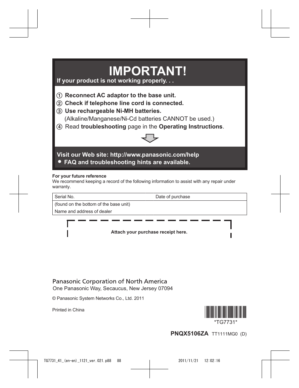 Tg7731, Important | Panasonic KXTG7742 User Manual | Page 88 / 88