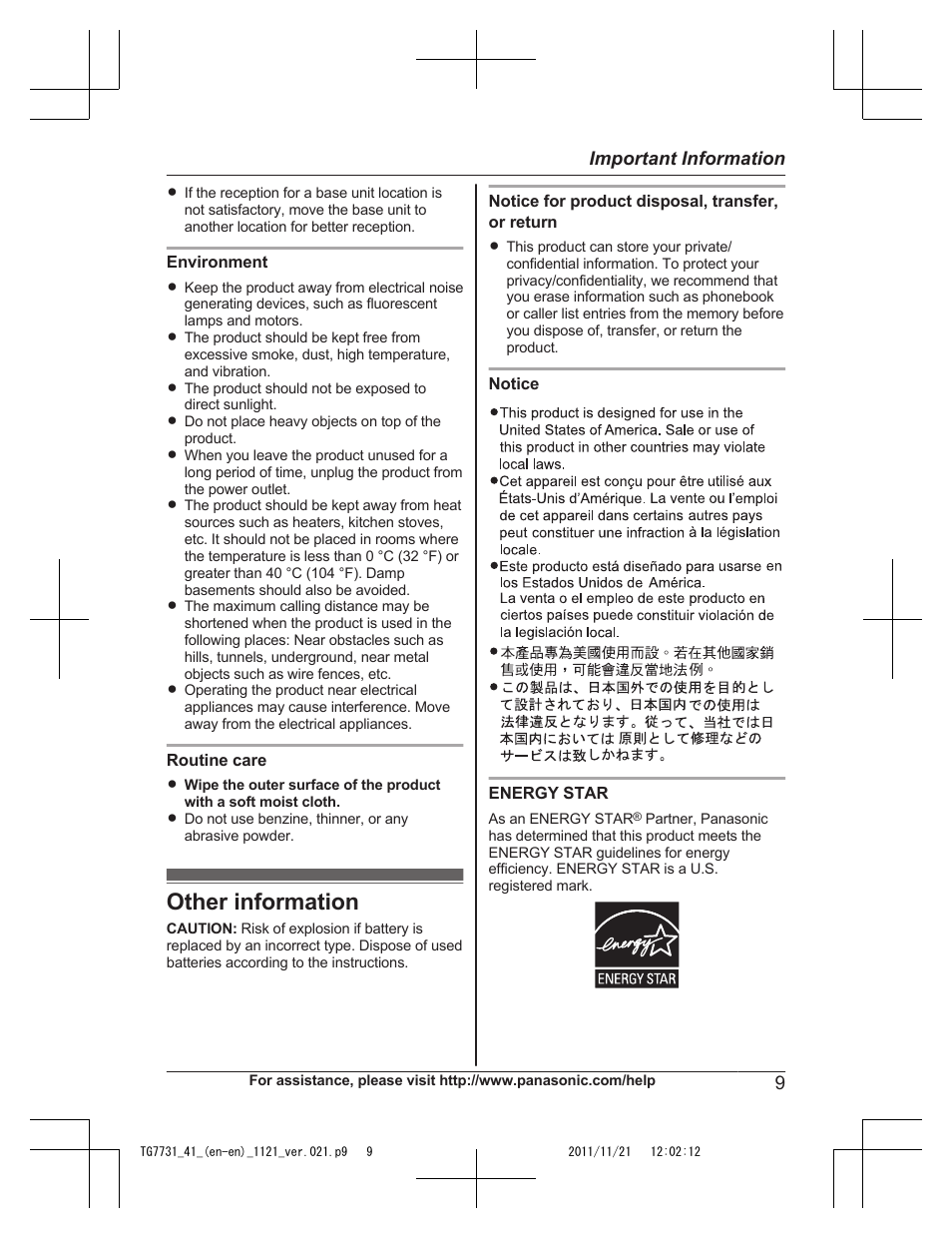 Other information, 9important information | Panasonic KXTG7742 User Manual | Page 9 / 88