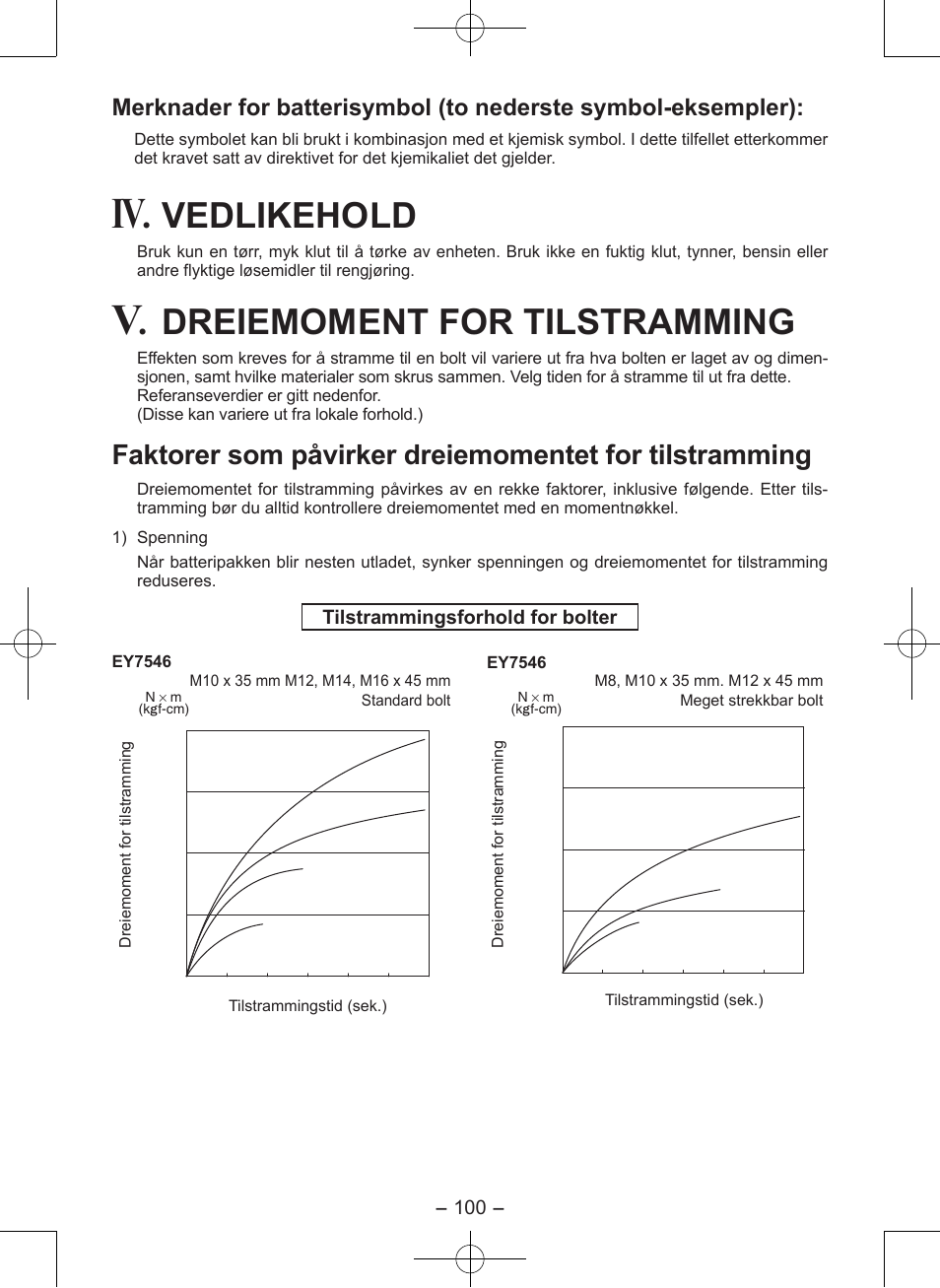 Vedlikehold, Dreiemoment for tilstramming, Tilstrammingsforhold for bolter | Panasonic EY7546 User Manual | Page 100 / 116