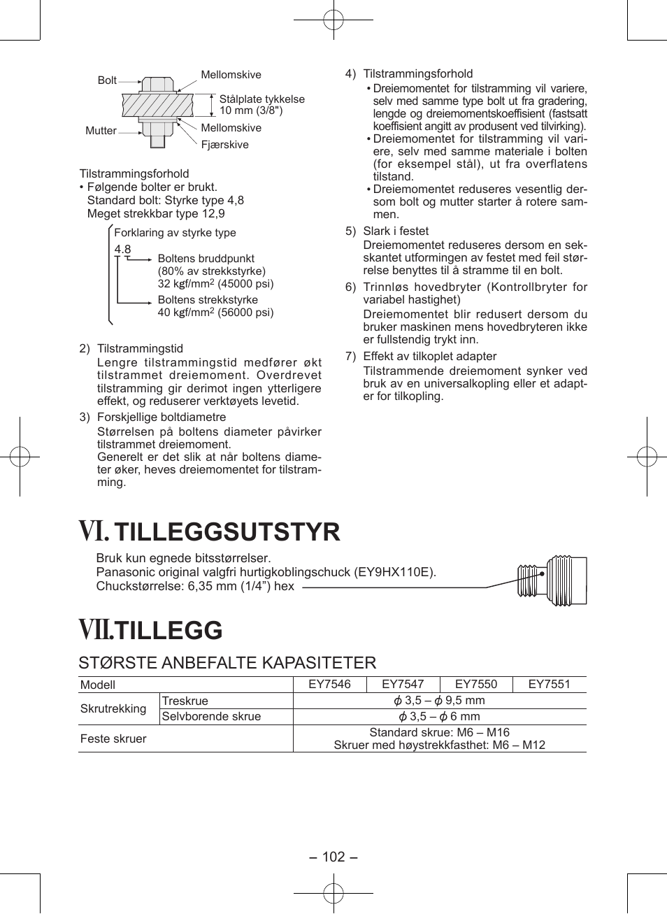 Tilleggsutstyr, Tillegg, Største anbefalte kapasiteter | Panasonic EY7546 User Manual | Page 102 / 116