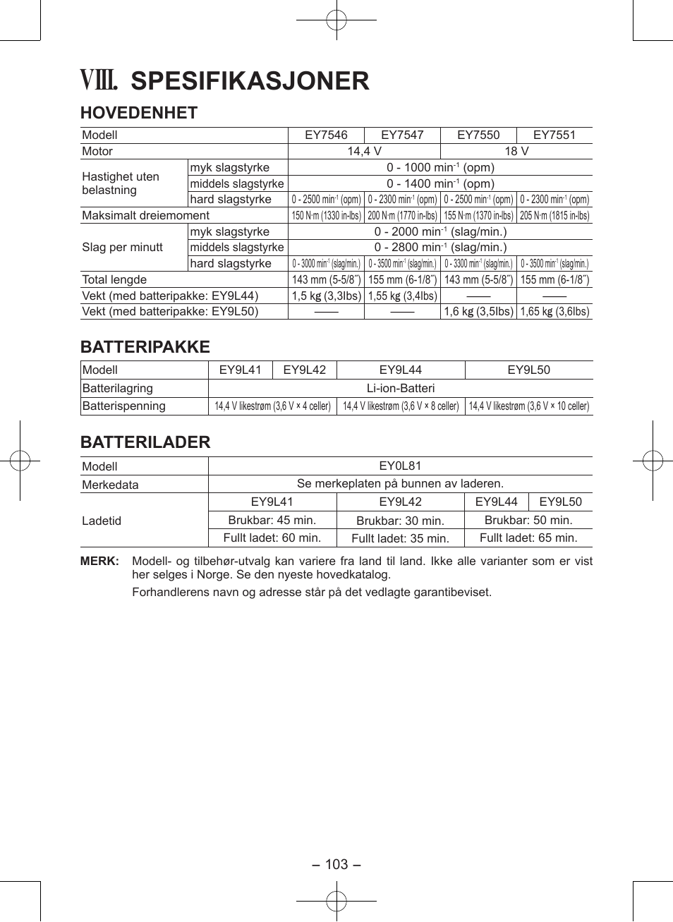 Viii, Spesifikasjoner, Hovedenhet | Batteripakke, Batterilader | Panasonic EY7546 User Manual | Page 103 / 116