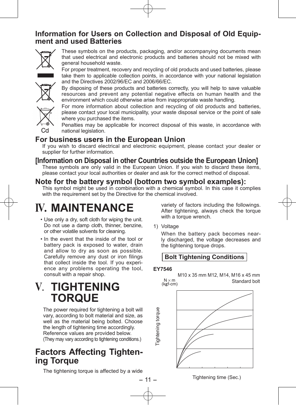 Maintenance, Tightening torque, Factors affecting tighten- ing torque | For business users in the european union | Panasonic EY7546 User Manual | Page 11 / 116