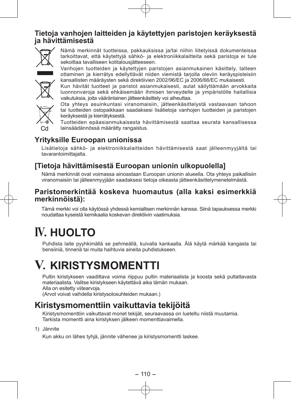 Huolto, Kiristysmomentti, Kiristysmomenttiin vaikut tavia tekijöitä | Panasonic EY7546 User Manual | Page 110 / 116