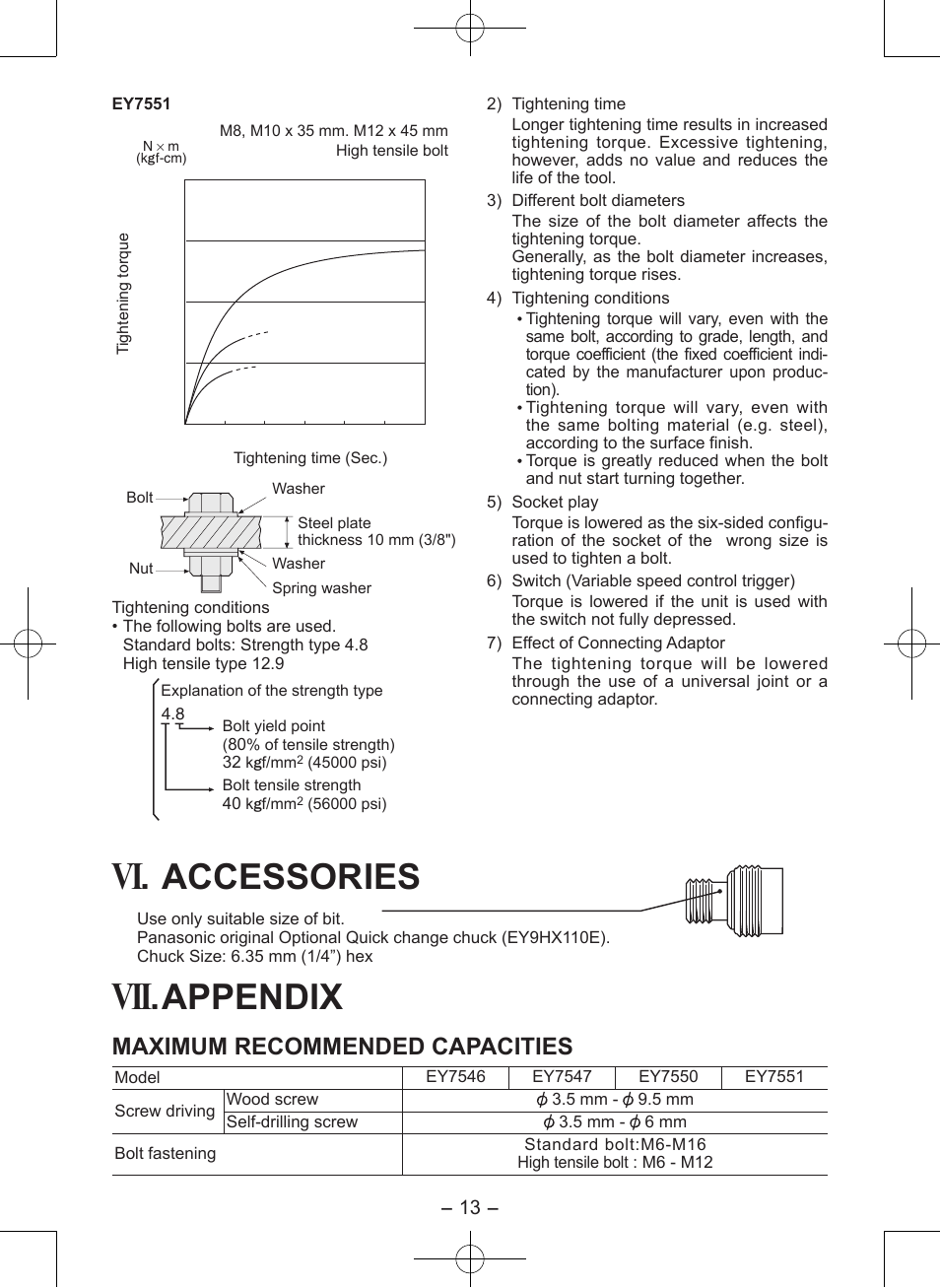 Accessories, Appendix, Maximum recommended capacities | Panasonic EY7546 User Manual | Page 13 / 116
