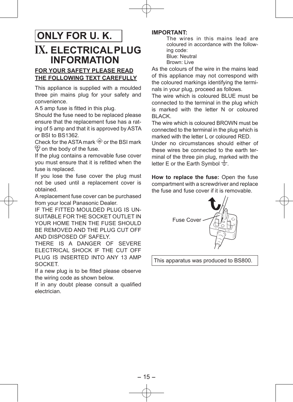 Only for u. k, Electrical plug information | Panasonic EY7546 User Manual | Page 15 / 116