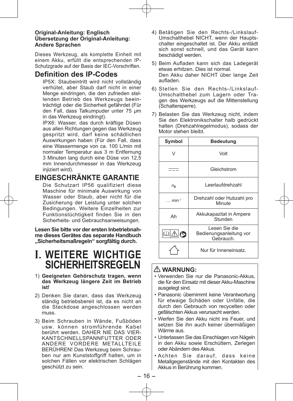 Weitere wichtige sicherheitsregeln, Definition des ip-codes, Eingeschränkte garantie | Panasonic EY7546 User Manual | Page 16 / 116