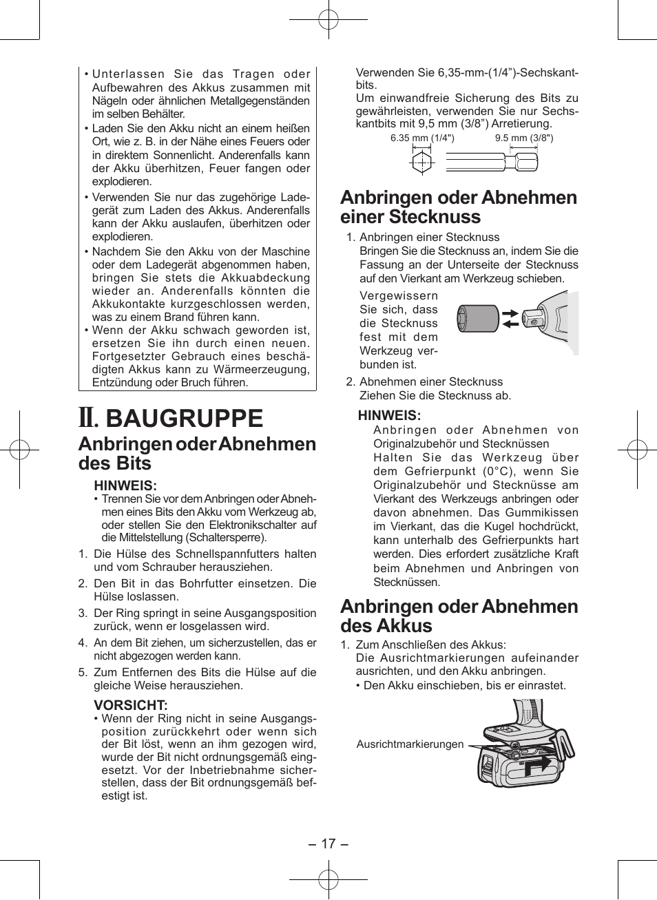 Baugruppe, Anbringen oder abnehmen des bits, Anbringen oder abnehmen einer stecknuss | Anbringen oder abnehmen des akkus | Panasonic EY7546 User Manual | Page 17 / 116