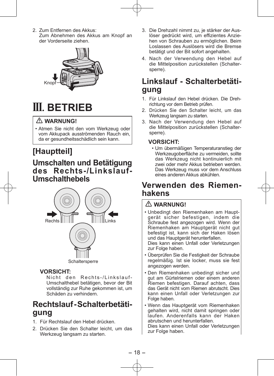 Betrieb, Rechtslauf - schalterbetäti - gung, Linkslauf - schalterbetäti- gung | Verwenden des riemen- hakens | Panasonic EY7546 User Manual | Page 18 / 116