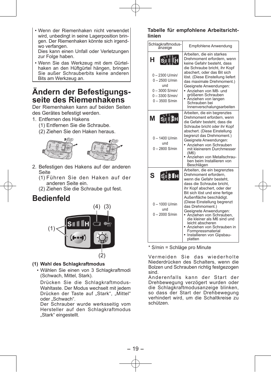 Ändern der befestigungs- seite des riemenhakens, Bedienfeld | Panasonic EY7546 User Manual | Page 19 / 116