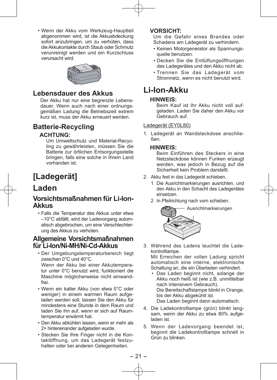 Ladegerät] laden, Li-ion-akku, Lebensdauer des akkus | Batterie-recycling, Vorsichtsmaßnahmen für li-ion- akkus | Panasonic EY7546 User Manual | Page 21 / 116