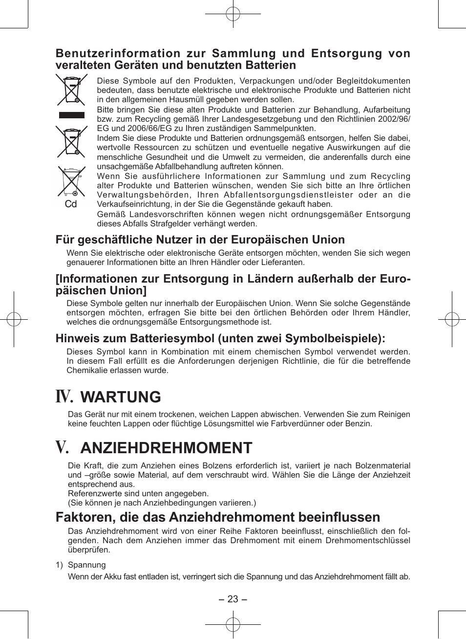 Wartung, Anziehdrehmo ment, Faktoren, die das anziehdreh moment beeinflussen | Für geschäftliche nutzer in der europäischen union | Panasonic EY7546 User Manual | Page 23 / 116